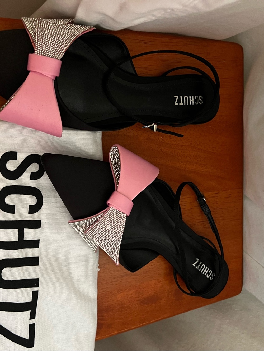 SCHUTZ Black Pointed Slingbacks with Pink Bow & Crystal Fringe